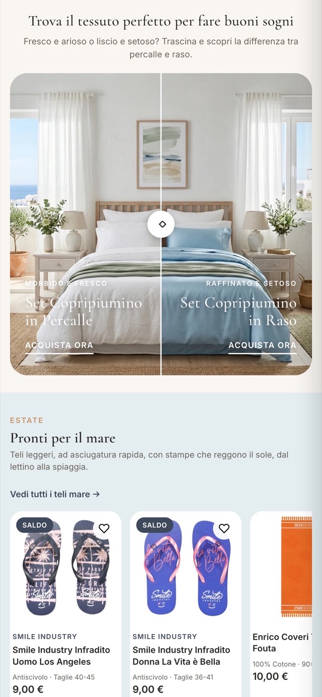 Il negozio Perlarara visto da telefono: comparatore di tessuti, ricerca tra 5.000 prodotti e assistente AI