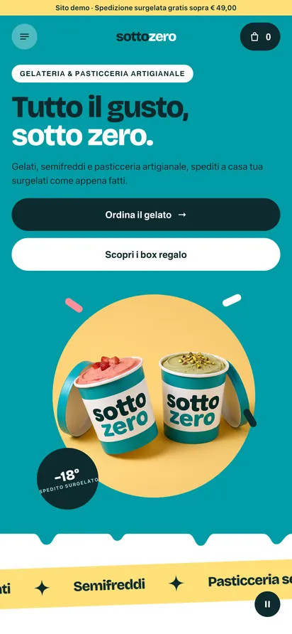 La demo Sotto Zero vista da telefono: gelateria artigianale con spedizione surgelata